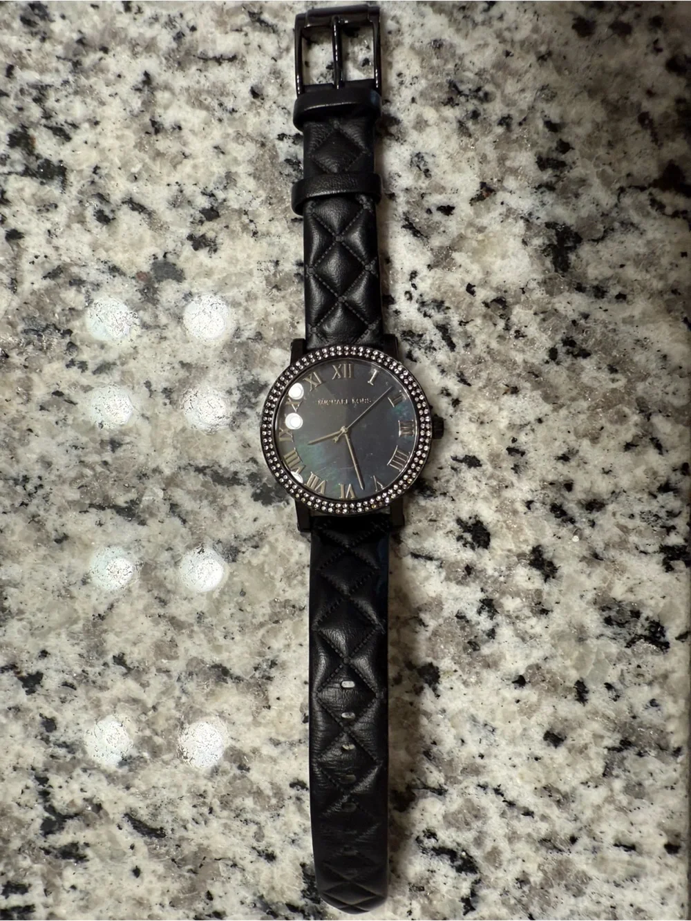 Michael Kors Black Quilted Leather Strap Watch with Crystal Bezel